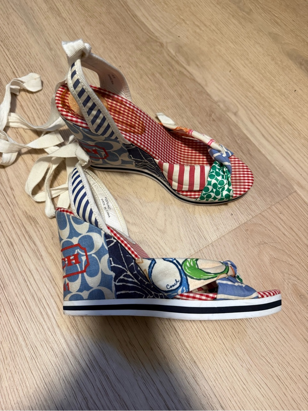 Coach Multicolor Patchwork Wedge Sandals - Blue/Green/Red